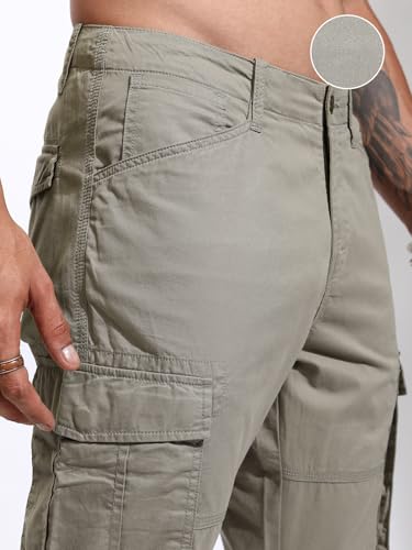 Image of Highlander Men's High-Rise Straight-Fit Cargo Trousers | Utility Pockets | Fashion & Function Blend | Carpenter Fit | Men Trousers | Trousers for Man |Cargo Pants for Men