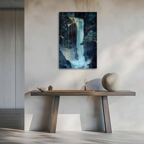 Tableau cascade japonaise Ukiyo-E bleu or argent déco murale grand format 70x100