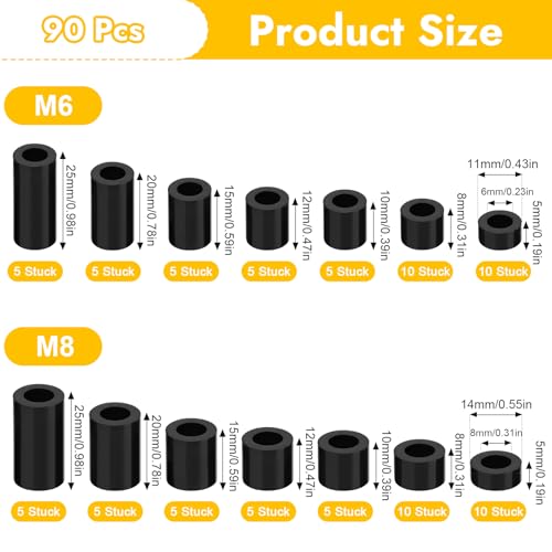 90 Stück Distanzhülsen für M6/M8 Schrauben,ABS Nylon Abstandshalter Rund Schwarz,Distanzhülsen Kunststoff mit Aufbewahrungsbox,Lsolierung Abstandshülsen,Nicht Gewinde Spalte Abstandshalter