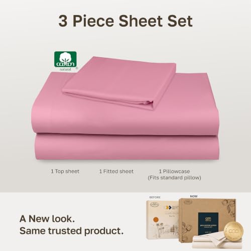 Image of Soft Natural 100% Cotton Sateen Twin Size Bed Sheet Set, 3 Pcs, Doll Pink
