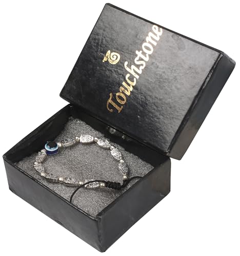Image of Touchstone New Indian Bollywood Handcrafted Blue Evil Eye Engraved Owl Motif Metallic Beads Fabulous Style Designer Jewelry Adjustable Thread Bracelet in Oxidized Silver Tone for Women