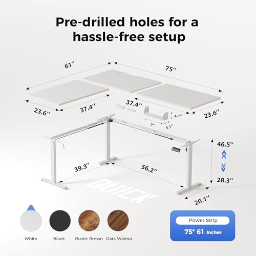 Image of Agilestic Electric L Shaped Standing Desk 75 x 61 Inch with Power Outlet, Height Adjustable Corner Stand up Desk with Cable Management,Sit Stand Home Office Workstation with Splice Board, White