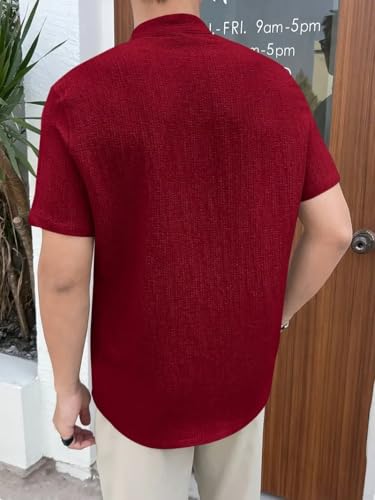 Image of Men's Solid Textured Half Sleeve Shirt with Stylish Buttons | Band Collar Casual Shirt for Summer Wear
