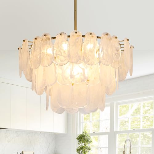 Modern Gold Glass Chandeliers, 23.6' Luxury Cloud Pendant Light Fixture, 3-Layer Round Ceiling Hanging Light Fixture for Bedroom Dining Room Kitchen Island Living Room Entryway Bar Farmhouse 9-Light