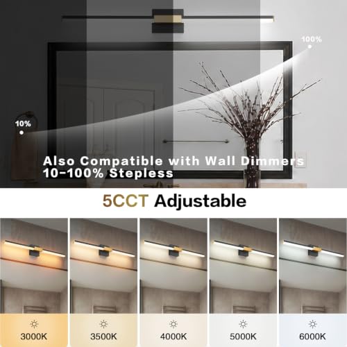 Image of SOLFART Bathroom Light Fixtures 40-Inch: Black and Gold 5CCT Dimmable Vanity Lights for Bathroom, Solid Frosted Acrylic, Built-in Dimmer, 360 Degree Rotation, ETL IP44