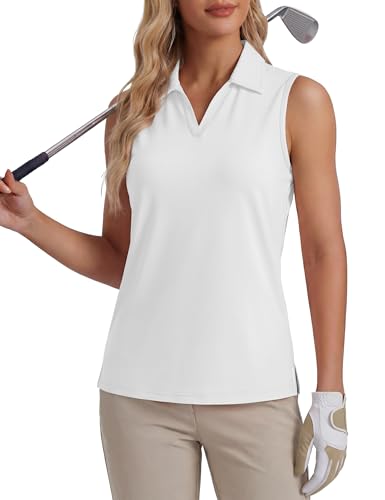 Image of MAGCOMSEN Womens Golf Shirt Polo Sports Running Sleeveless Tank Top V Neck UPF 50+ Moisture Wicking Breathable Casual Work Shirts White,L