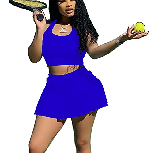 Women Two Piece Skirt Outfit Casual Tank Crop Top & Pleated Mini Skirts Tennis Golf Skort Sets Sports Activewear Blue M