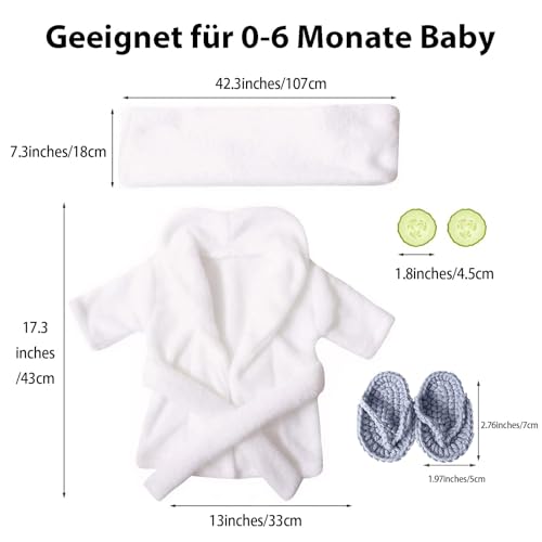 Xanewza 6 Stück Neugeborenen Fotografie Requisiten, Fotoshooting Kostüme, Bademäntel Badetuch Outfit mit Hausschuhe Gurke Foto Requisiten für Kleinkind Jungen Mädchen 0-3 Monate(Weiß)