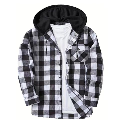 Plaid Button Down Hoodies Men Casual Long Sleeve Preppy School Sweatshirt Fall Fashion Color Block Hooded Shirt Jackets