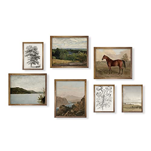 Rustic French Country Wall Art Decor - Boho Art Deco Victoria Picture Bathroom - Modern Farmhouse Kitchen Poster Print - Aesthetic Vintage Landscape Set, Horse Lake Mountain Tree Sketch Meadow Nature #TOP5