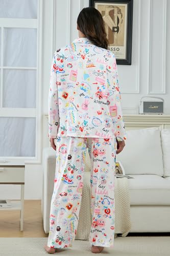 Image of YiNi LuLu Womens Silk Satin Pajamas Set Button Down 2 Piece Pjs Long Sleeve Oversized Sleepwear with Pockets
