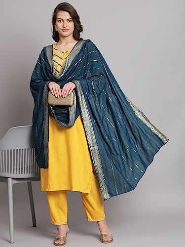 Image of VredeVogel Women Cotton Slub Straight Kurta Set With Pant and Net Embroidery Dupatta