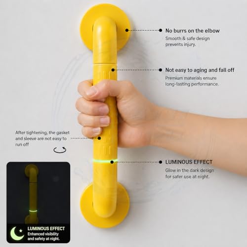 Image of BATH GURU Heavy Duty Anti-Slip Grab Bar for Bathroom & Toilet, Yellow Safety Handle with Stainless Steel Core, Wall Mounted Support Rail for Senior Citizens, Elderly, Shower & Staircase (15 Inch)