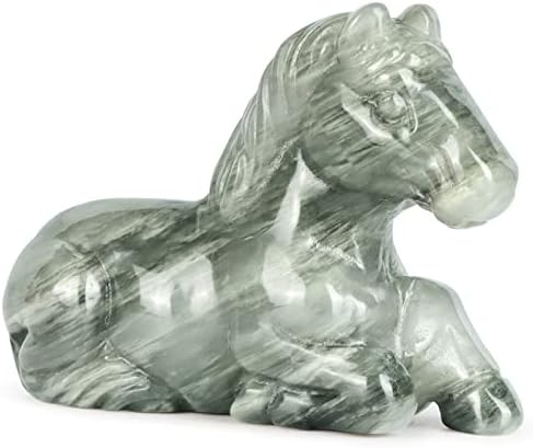 LEADGEM Green Hair Jasper Horse Figurine Hand Carved 2" Crystal and Healing Stones Horse Paperweight Table Centerpiece Ornament