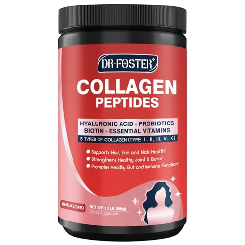 DRFOSTER Multi-Collagen-Peptide-Powder with Probiotics, 50 Servings of Hydrolyzed Collagen Peptides with Hyaluronic Acid, Biotin & Multivitamins - Supports Skin, Hair, Nails Health