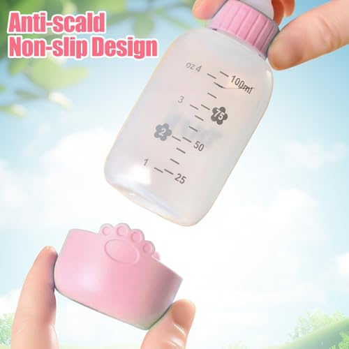 GmwyCzV Haustier Futterflasche,100 ml Futterspender mit Klarer Skala,Weiche Silikon Haustier Milchflasche,Universelle Pfotenmuster Haustier Stillflasche für Neugeborene Kätzchen,Welpen (Rosa)