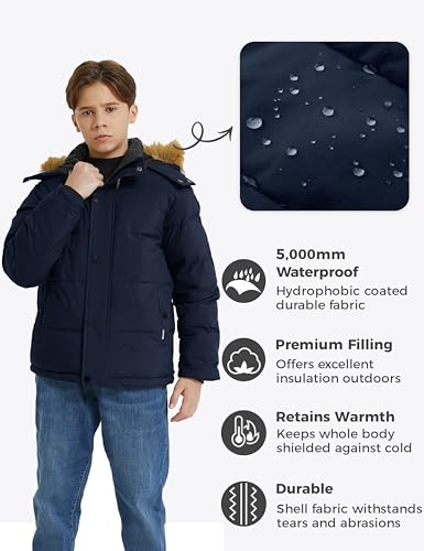 Image of Wantdo Boys' Winter Coat Warm Puffer Jacket Waterproof with Faux Fur Hood