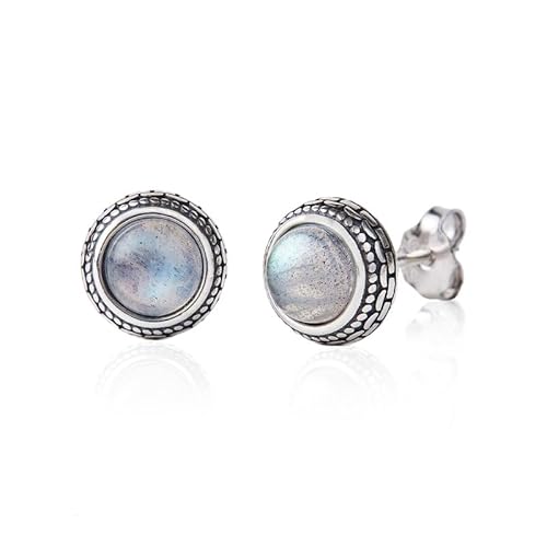 Small Genuine Rainbow Moonstone 925 Sterling Silver Hypoallergenic Stud Earrings Jewelry for Women Western Trendy Fashion Handmade Antiqued June Birthstone Best Gift for Her