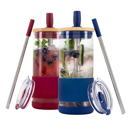 Pandaloo® Glass Cups With Lids and Straws -20 Fl Oz- Perfect Size Iced Coffee Cup - Smoothie Cup With Bamboo Lid and On the go Lid - Glass Tumbler (2 Count (Pack of 1), Boysenberry-Galactic Blue)
