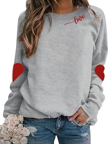 Image of BEIDEFY Valentine Sweatshirt for Womens Heart Love Valentines Long Sleeve Shirts Casual Round Neck Pullover Top, Light Gray, Large