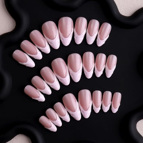Image of Pink French Tip Press on Nails Medium Almond Fake Nails 3D Swirl Stick on Nail Glossy Full Cover for Women Manicure 24Pcs