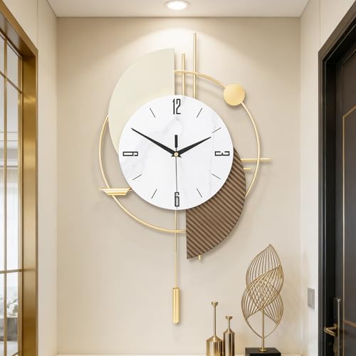 Large Decorative Wall Clock with Pendulum for Living Room, Matte White Half Circle & Gray Striped Scalloped, White Marble Dial, Silent for Living Room, Bedroom, Study, Office(Gold15.7*13.3in)