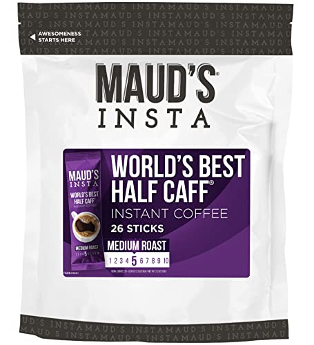 Maud's Instant Half Caff Coffee (Insta World's Best Half Caff), 26Ct. Solar Energy Produced Single Serve Medium Roast Half Caff Instant Coffee Travel Packs – 100% Arabica Coffee California Roasted #TOP4
