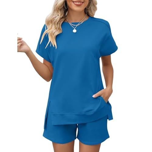 LOMON Womens Fashion 2 Piece Outfits Sweatsuits 2026 Summer Short Sleeve Loungewear Tracksuit Round Neck Lounge Shorts Sets Blue Medium