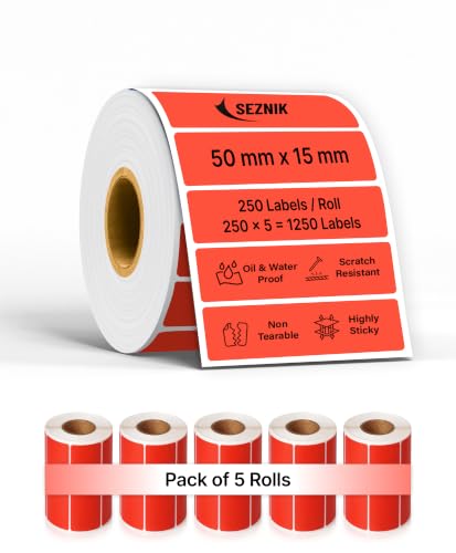 Image of SEZNIK Waterproof, Non-Tearable, Long Lasting Print, Sticky Thermal Lables, Label Roll, 2 inch Adhesive Thermal Labels for Label Printers (50mmx15mm) - 1250 Lables, Red