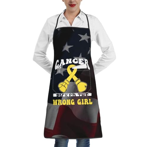 nopicsn Cancer Picked The Wrong Girl Childhood Cancer Apron for cooking with Pockets Women Men Kitchen Chef Funny Aprons