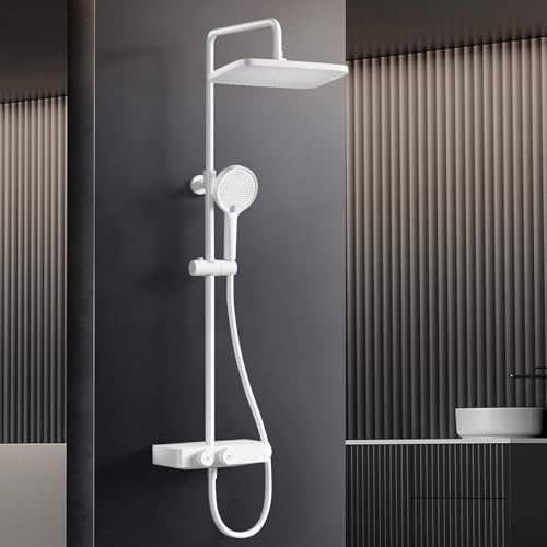 HANLIAN Duschsystem mit Thermostat, Duscharmatur Komplettset mit Sicherheitsverriegelung, Regendusche mit Armatur, Duschamaturenset Regendusche mit Anhebbarer Brausestange (Stil L38, Mattes Weiß)