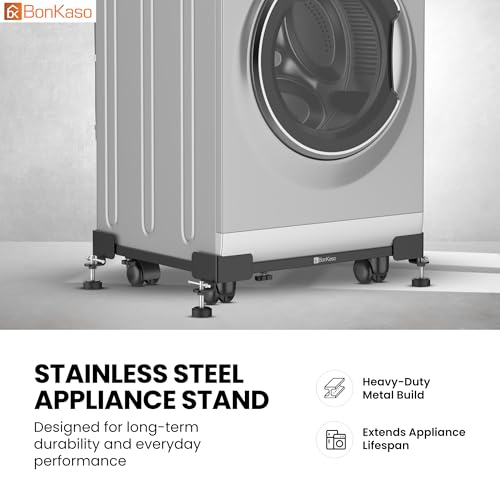 Image of BonKaso Adjustable Heavy Duty Appliance Stand with Wheels & Anti-Slip Pads | Steel Frame Trolley for Washing Machine, Refrigerator & Dishwasher | Load Capacity 200 Kg (50x43x12.5 cm) Black