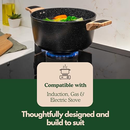 Image of Kreme Ceracook Ceramic Coated Granite Casserole 5.5Ltrs /26cm with Glass Lid, Stew Pot, Biriyani, Rice, ISI Certified, Forged Aluminium, Gas & Induction Use, PFAS & PTFE Free, 1 Yr Warranty, Black