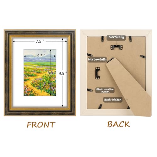 Image of Golden State Art,8x10 Ornate Picture Frame Holds 5x7 Photo,Black Gold | Includes real glass front,white mat,easel stand,build-in hangers and buttons.Displays 5x7 photo on wall or tabletop