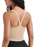 ODODOS Women's Seamless Crop Cami Wide Scoop Neck Ribbed Soft Open Racerback Cropped Tank, Beige, Small