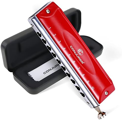 CONJURER Chromatic Harmonica C Key for Kids Adult Beginners 10 Hole 40 Tones Harmonica Key of C Metal Stainless Steel Mouth Organ with Brass Sound Spring Blues Harp in Case, Red
