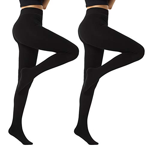 MANZI 2 Pairs Fleece Lined Tights for Women Super Opaque Thermal Black Stockings for Winter 800-Denier Large