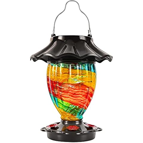 LUJII Solar Hummingbird Feeder for Outside, Color Changing, Hand Blown Glass, 32 fl.oz Never Leak, Waterproof & Rustproof, Lighted Lantern for Patio Decor, Unique Gift for Bird Lover (Ribbon) Cover