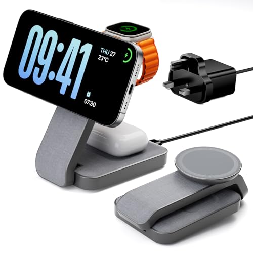 Eazpower 3 in 1 Wireless Charging Station for Apple Watch and iPhone Foldable Magnetic Charger Stand for iPhone 17e/Air/17-12 Series AirPods Travel Magsafe Charging Dock with Night Light