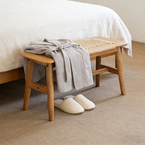 Solid Oak Wooden Dining Bench with Cotton Rope Seat