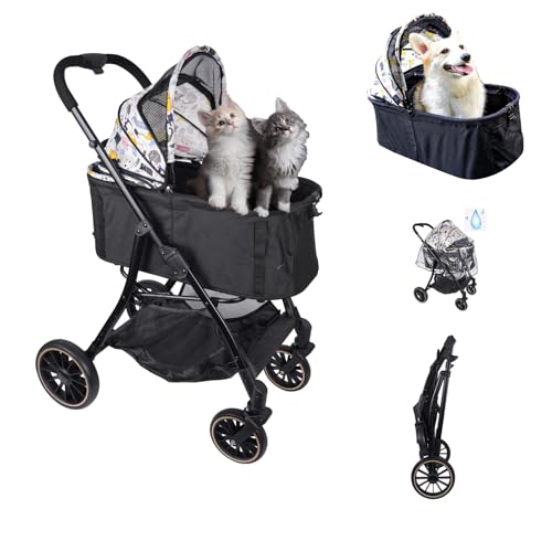 ?JXMIYACOO 4-Wheel Cat Stroller for 2-3 Pets, Lightweight Foldable Travel Carrier with 7