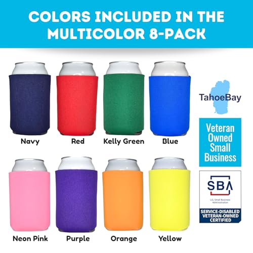 TahoeBay Blank Beer Can Cooler Sleeves (8-Pack) Bulk Sublimation Blanks for Vinyl Plain Soft Foam Can Sleeves Coolers for Soda Cans & Bottles Black, White, Solid Color (Multicolor, Regular 12oz)