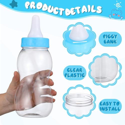 Image of Housoutil 11 Inch Baby Bottle Piggy Bank, Clear Large Plastic Baby Bottle Bank, Cute Transparent Coin Savings Box, Birthday Party Candy Jar Container for Boys Girls (Blue)