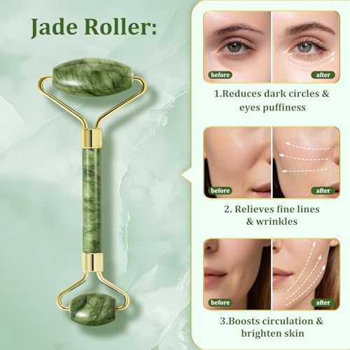MANLENO Jade Roller & Gua Sha Set - Natural Jade Face Roller Facial Massage Skincare Tools for Women,Reduce Puffiness and Fine Lines (Forest Green) — view 3