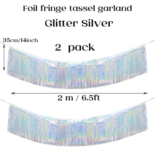 Image of Premium Glitter Silver Fringe Tinsel Garland for Party Decorations -4 Layers Thick, 2 Pack | LILF Foil Metallic Banner Party Streamers for Wedding Birthday Christmas Decoration Home Hanging