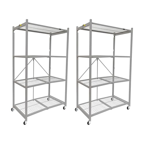 Origami 2 Pack 4 Tier Foldable Metal Garage Storage Shelf Rack, Wheels & Powder Coated Steel, Silver