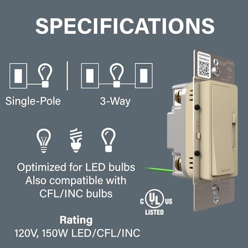 Image of Legrand Radiant 150W LED Dimmer Light Switch 3-Way Rocker Ivory 1 Pack