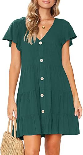 Image of MITILLY Women's Casual T-Shirt Dresses Sleeveless V Neck Button Down A Line Loose Swing Short Dress with Pockets