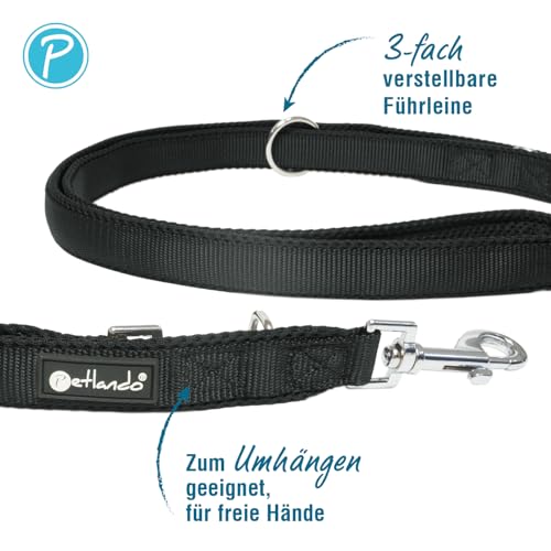 Petlando Hundeleine 2m Mesh, weich gepolstert, atmungsaktiv, leicht & robust, Führleine 3 Fach verstellbar mit Karabiner, Freihandleine, Umhängeleine, Leine für mittelgroße Hunde, Schwarz 230x2,5cm