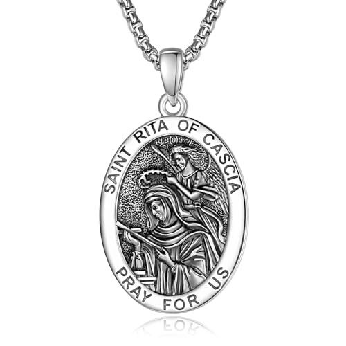 ADMETUS St Rita of Cascia Pendant Medal Necklace Silver Saint Rita of Cascia Pendant Necklace Medal Medallion Protection Jewelry Religious Gifts for Men